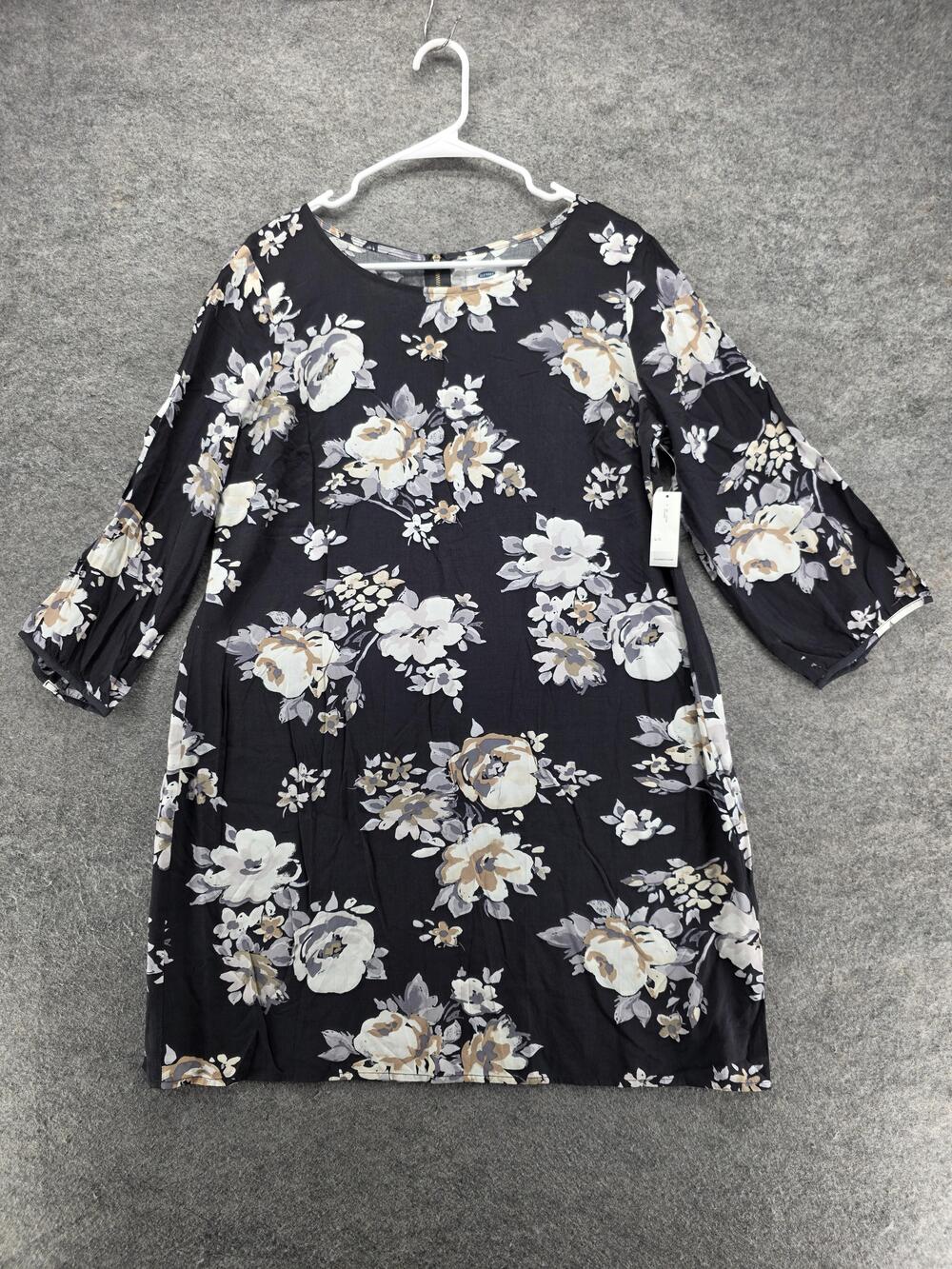 Old Navy Dress Womens Large Black Floral 3/4 Sleeve Woven Shift Back Zip Rayon
